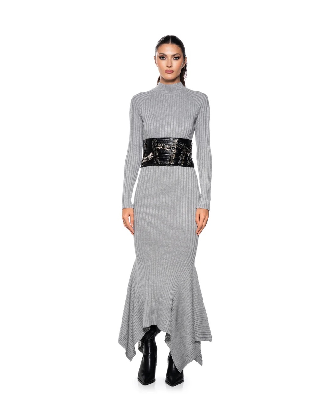 Ribbed Long Sleeve Gray Knit Maxi Dress - Picture 6 of 6
